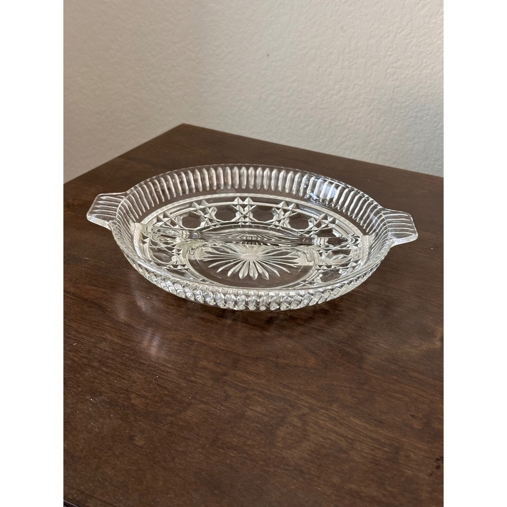 VTG Federal Glass Mid Century Divided Relish Dish Windsor Button‎ & Cane Handled